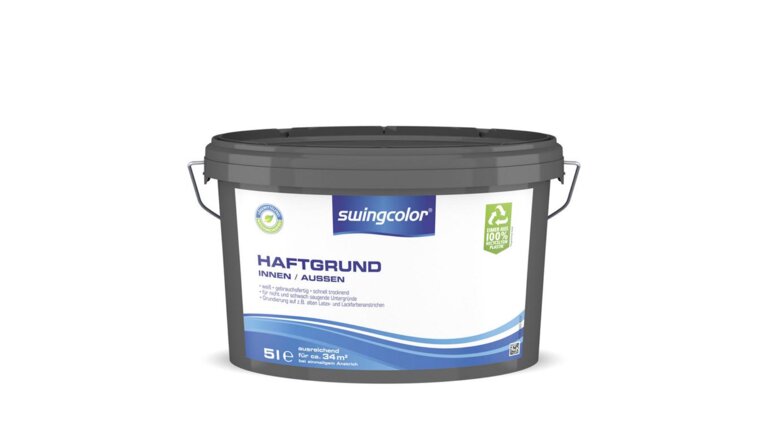  5-Liter-Eimer der Marke "Swingcolor" mit der Beschriftung "Haftgrund Innen/Außen", weiße Farbe